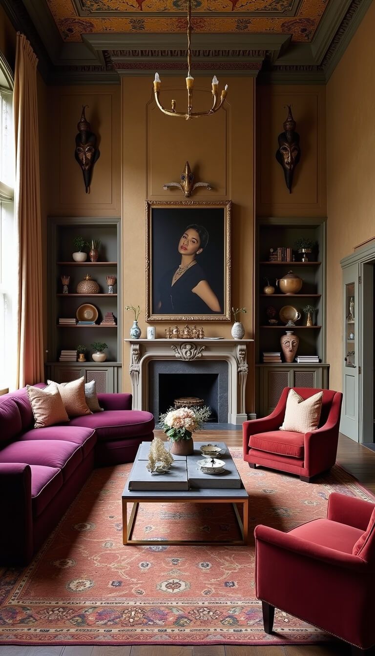 Sophisticated great room with high ceilings, aubergine velvet sectional, jewel-toned vintage chairs, global artifact gallery walls, brass étagères, and layered terracotta Oushak rugs.