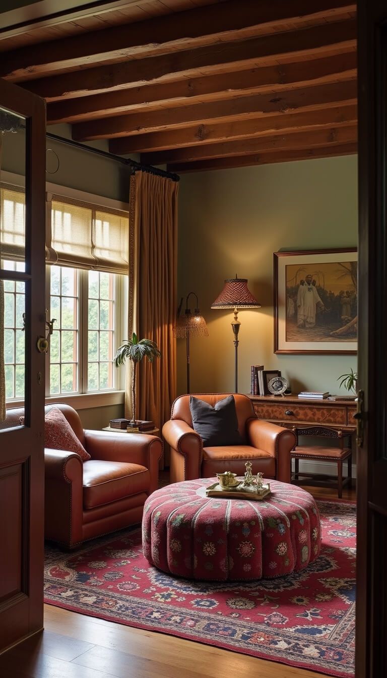 Cozy 14x16ft den with exposed beams, oversized cognac leather chairs, vintage kilim ottoman, jewel-toned floor cushions, ornate framed artwork, and brass palm tree floor lamps in warm evening light.