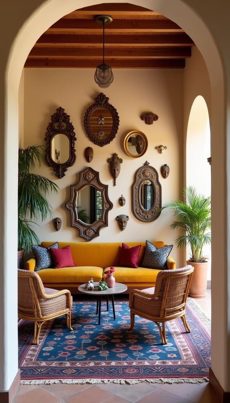 Playful 20x22ft living room with marigold velvet sofa, vintage rattan peacock chairs, layered Moroccan rugs, eclectic wall decor, and potted palms in golden afternoon light.