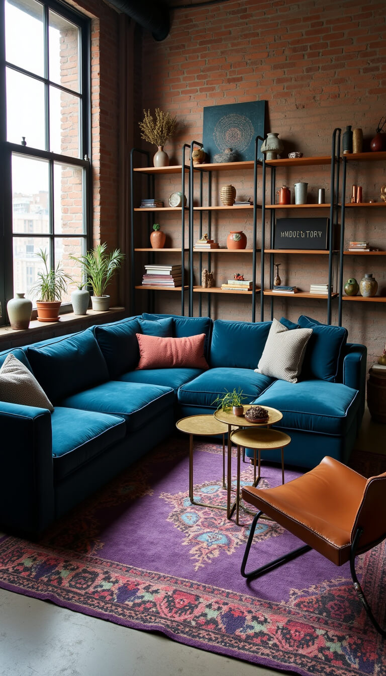 Loft-style room with navy velvet sectional, vintage leather chairs, brass tables, global textiles, and layered overdyed rugs in an industrial space with dramatic side lighting.