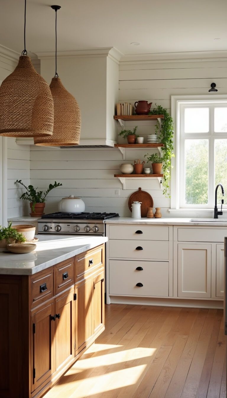 Scandinavian kitchen with golden late afternoon light, white shiplap walls, oak floors, vintage wooden island, rattan lights, open shelving with pottery and plants.