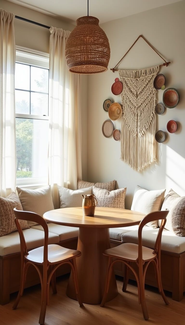 Cozy modern bohemian kitchen nook with built-in bench seating, round oak table, wishbone chairs, and soft morning light filtering through sheer curtains.