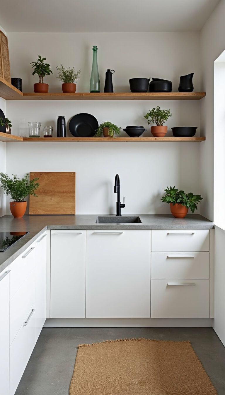 Minimalist 12x15ft kitchen with concrete countertops, white oak cabinetry, open shelving, terracotta herb pots, and industrial windows under overcast daylight.