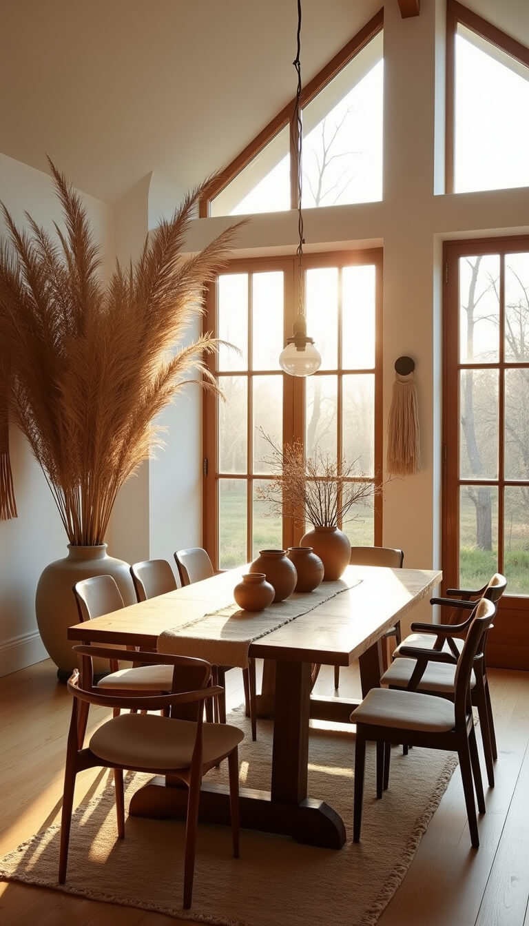 Scandinavian-bohemian dining area with vaulted ceiling, vintage farm table, mixed chairs, dried palm fronds, and golden hour backlighting.