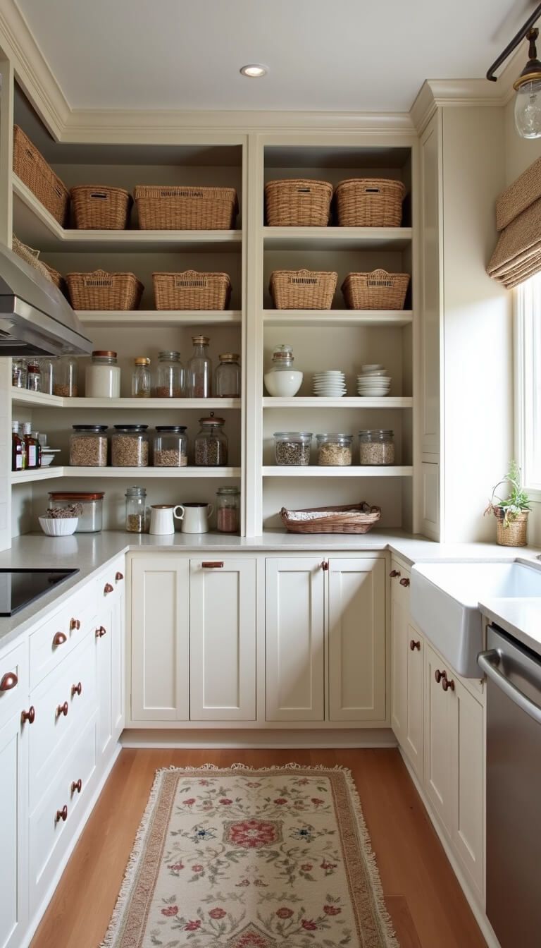 Contemporary 6x8ft kitchen pantry with floor-to-ceiling white oak shelves, woven baskets, glass jars, ceramic containers, and warm metallic accents, softly lit with a natural fiber roman shade and vintage runner on light wood floor.