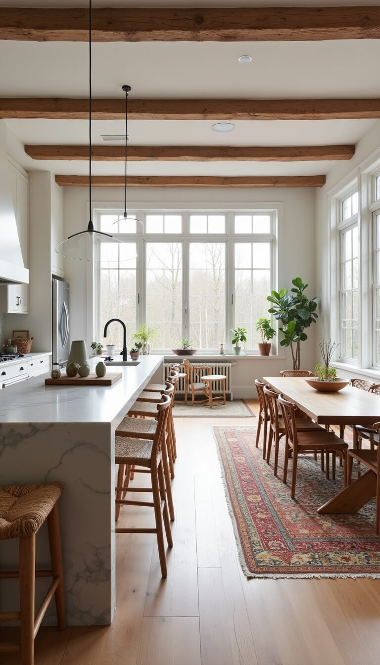 Open concept kitchen-living space with exposed beams, pale oak floors, waterfall marble island, rattan bar stools, vintage rugs, and morning light streaming through wall of windows.