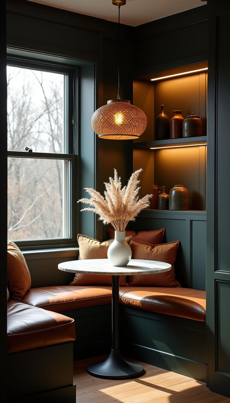 Cozy 10x12ft breakfast nook with window seat, leather-cushioned benches, round marble bistro table, dried grasses in ceramic vase, warm pendant light, pottery on floating shelves, and moody early morning lighting.