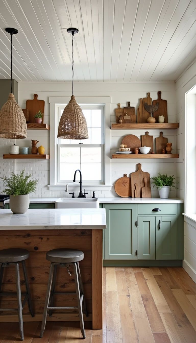 Modern farmhouse kitchen with sage green cabinets, white open shelves, reclaimed wood island with marble top, vintage bread boards on walls, and woven pendant lights under a shiplap ceiling.