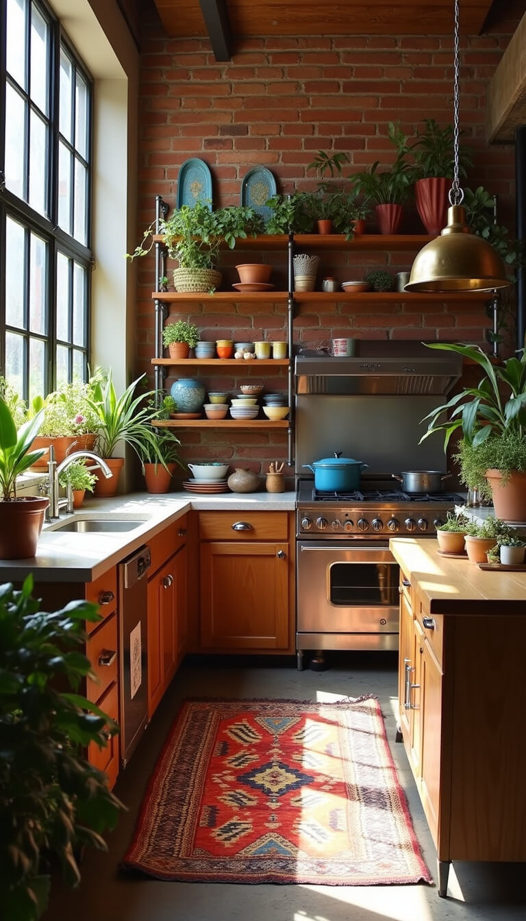 Bohemian prep kitchen with brick accent wall, open shelving of colorful ceramics and copper cookware, butcher block island with potted plants, vintage kilim rug on concrete floor, and geometric sunlight through metal-framed windows.