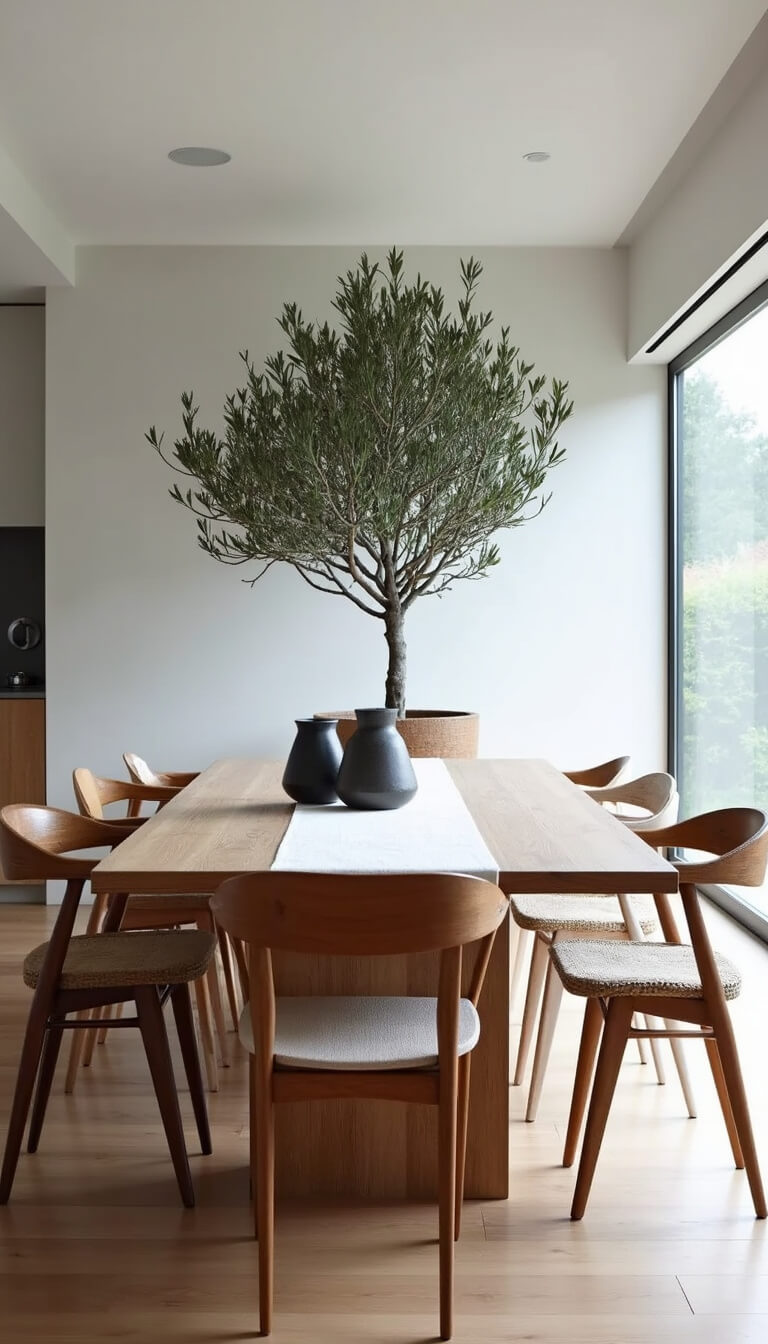 Minimalist dining room with long oak table, linen runners, ceramic vessels, mixed natural chairs, large olive tree, and soft overcast daylight through floor-to-ceiling windows.