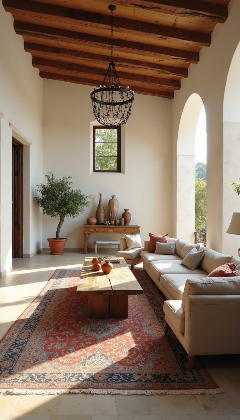Sun-drenched Mediterranean living room with limestone floors, linen sofas, oak coffee table, and arched doorways under a wrought iron chandelier.