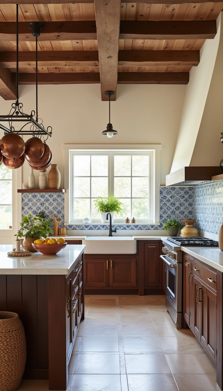 Bright Mediterranean kitchen with exposed beams, cobalt and white tile backsplash, walnut cabinets, and marble island under soft natural light.