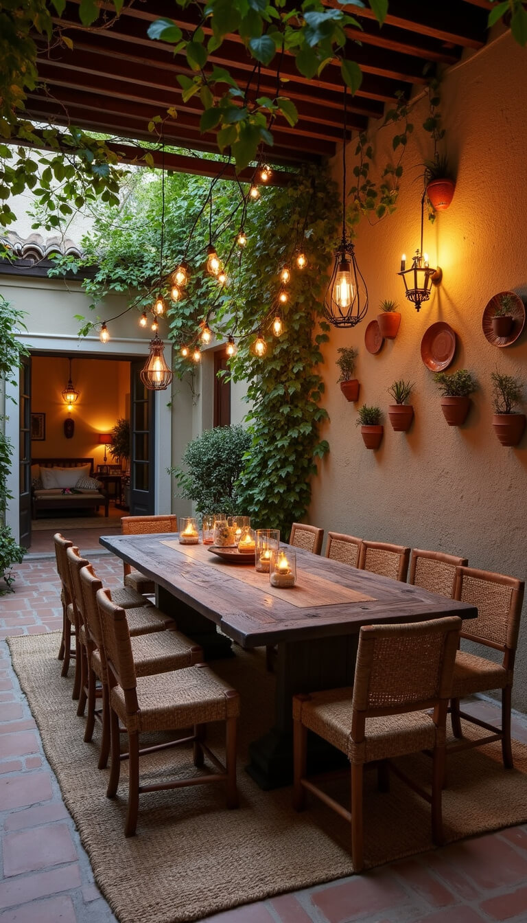 Romantic Mediterranean courtyard dining area at dusk with string lights, rustic wooden table for eight, stone wall with vines, terracotta planters, and vintage ceramic plate decor.