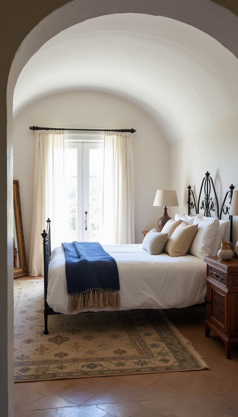 Serene Mediterranean bedroom with barrel-vaulted ceiling, whitewashed walls, ornate iron king bed, soft linens, and antique decor in natural morning light.