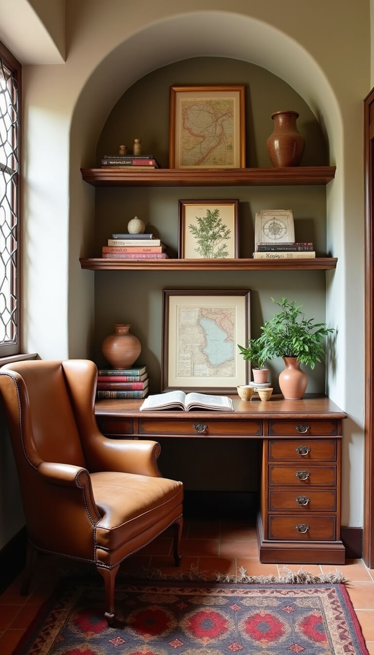 Cozy Mediterranean study nook with arched bookshelf, leather wingback chair, rustic desk, and vintage decor in warm natural light.