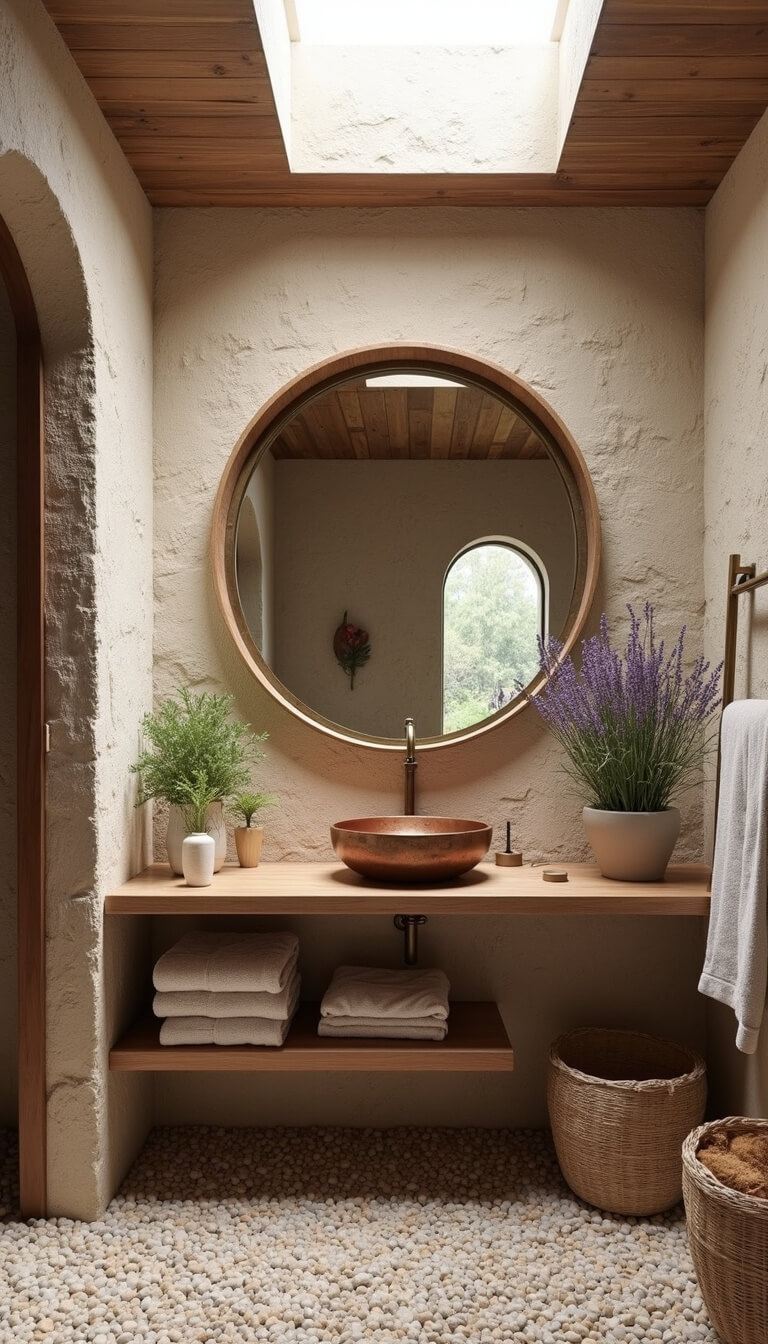 Rustic Mediterranean bathroom with stone walls, pebble floor, wooden vanity, copper sink, brass mirror, and natural light from skylight.