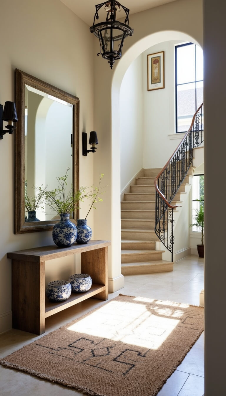 Elegant Mediterranean entry foyer with limestone floors, curved staircase, arched window casting shadows, reclaimed wood console table, vintage mirror, iron lighting fixtures, and geometric woven rug.