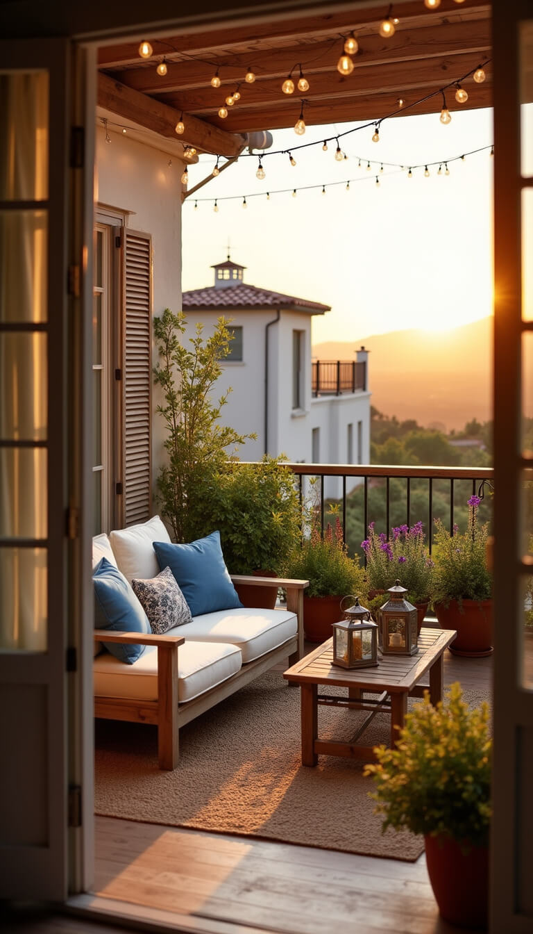Mediterranean balcony at sunset with teak furniture, cream cushions, blue pillows, terracotta planters, and string lights, viewed from interior doorway.