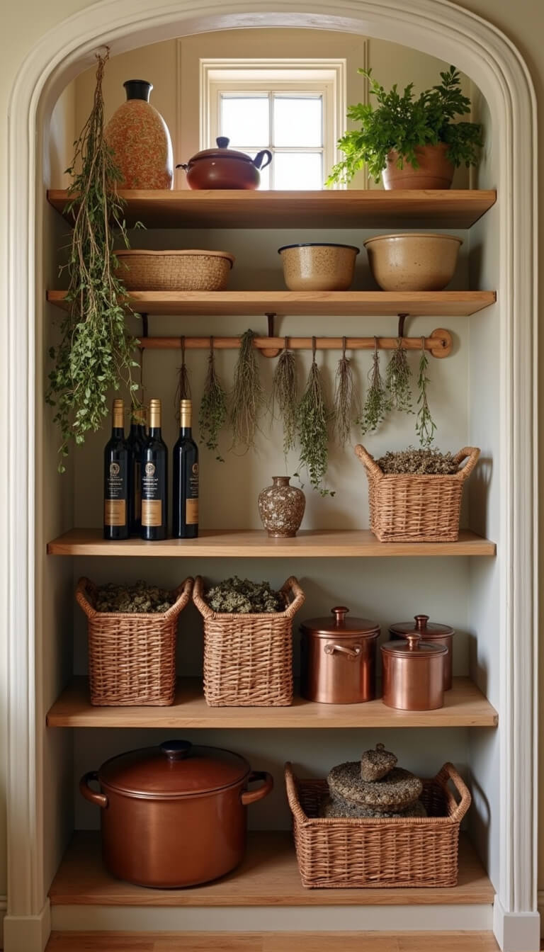 Organized Mediterranean kitchen pantry with wooden shelves, olive oils, woven baskets, copper cookware, ceramic canisters, terracotta wine rack, and dried herbs in natural light.