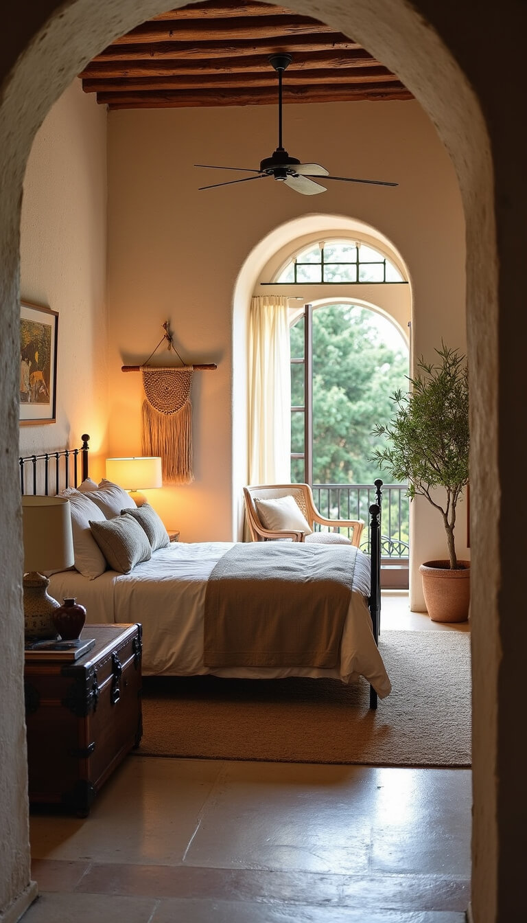 Cozy Mediterranean guest suite with queen iron bed, arched window, vintage trunk nightstand, ceramic lamp, woven wall hanging, and potted olive tree.