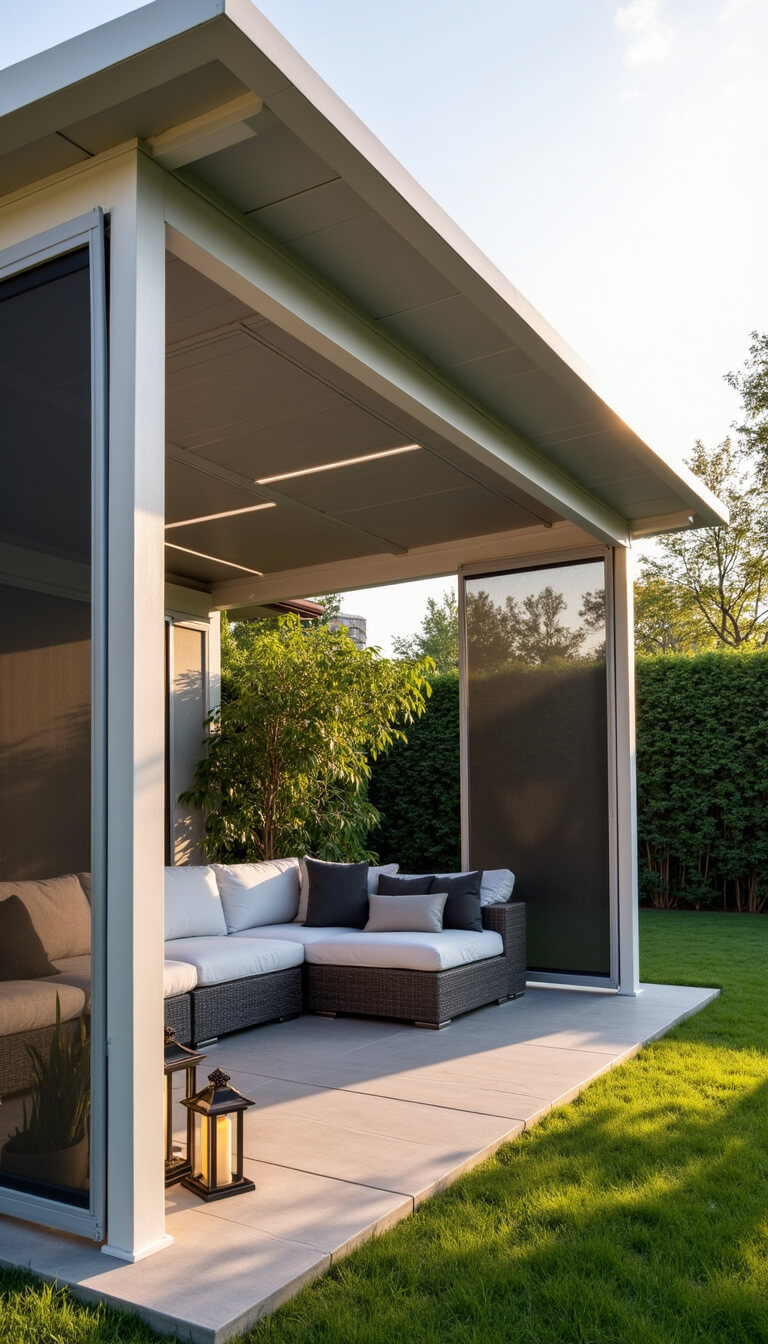 Contemporary 12x12ft aluminum gazebo in manicured backyard at golden hour with LED lighting, gray sectional seating, and geometric decor.