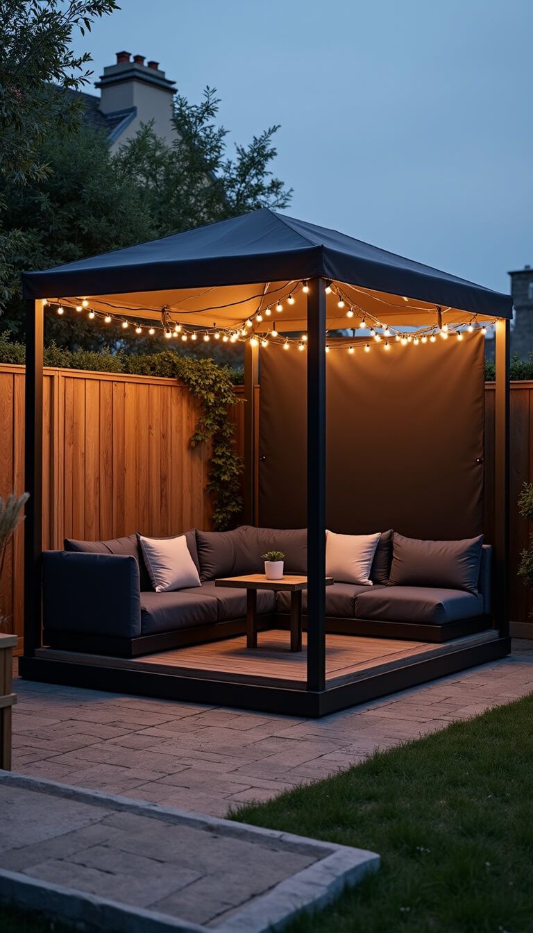 Small 8x8ft gazebo at dusk with built-in charcoal bench seating, matte black folding frame, warm string lights overhead, and teak modular side tables.