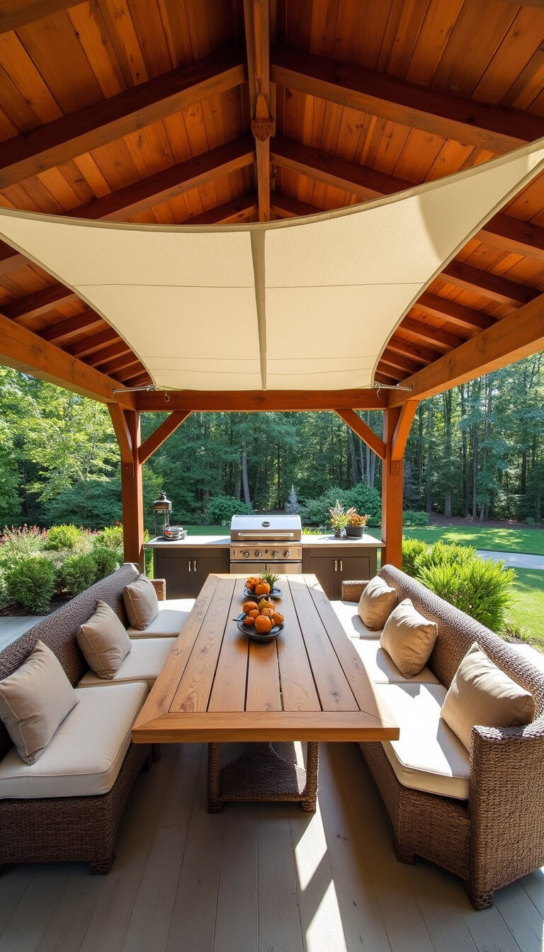 Elevated view of spacious 16x16ft cedar gazebo with dining area, grill station, wicker lounge furniture, and ivory shade sails.