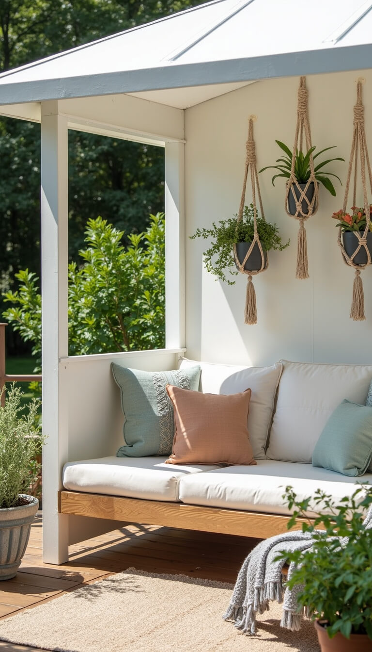 White vinyl 10x10ft gazebo in afternoon light with DIY details, macramé hangers, ceramic pots, wood bench, and assembly stages shown.