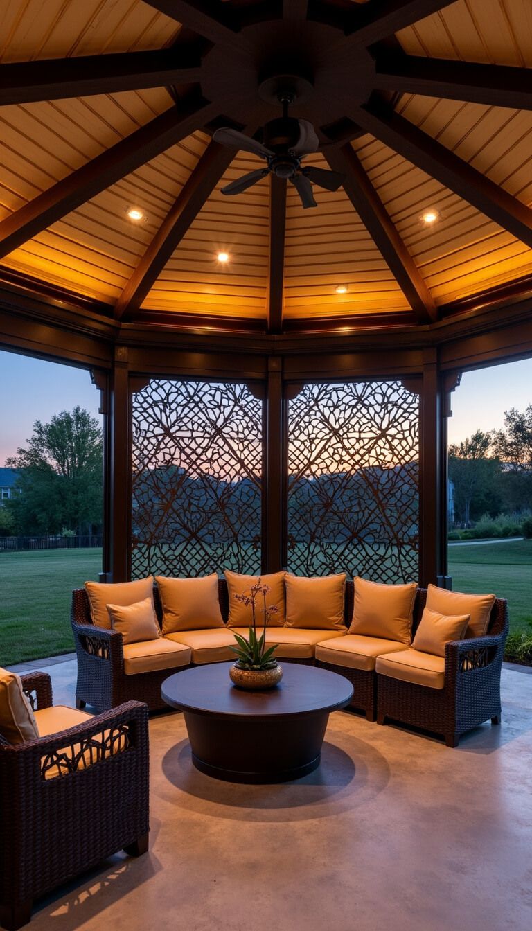 Luxury 20x20ft octagonal dark bronze gazebo with vaulted ceiling, exposed beams, fan, geometric privacy screens casting shadows, and velvet outdoor furniture at sunset.