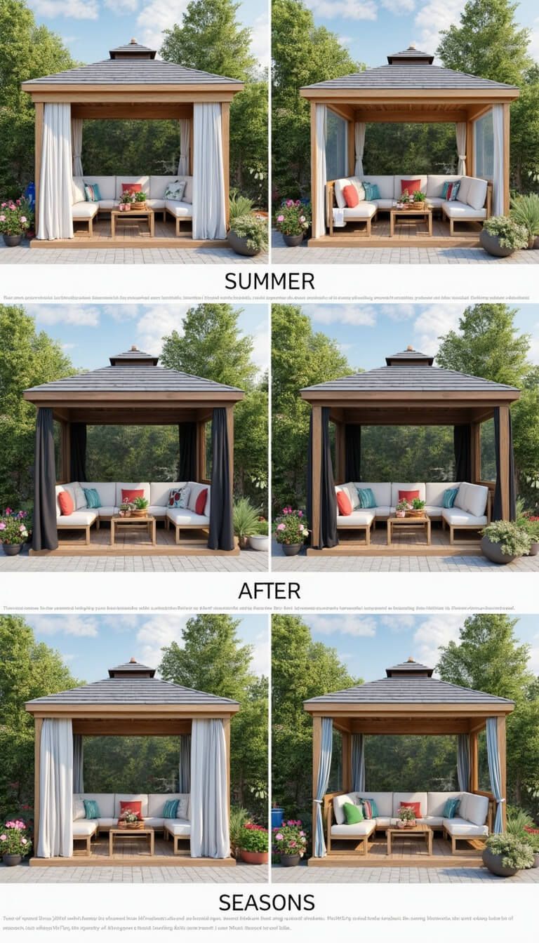 Four seasonal transformations of a 12x12ft gazebo with consistent camera angle—summer features white curtains and coastal decor, fall includes wool throws and copper accents, winter shows outdoor heaters and weatherproofing, and spring displays potted flowers and botanical prints.