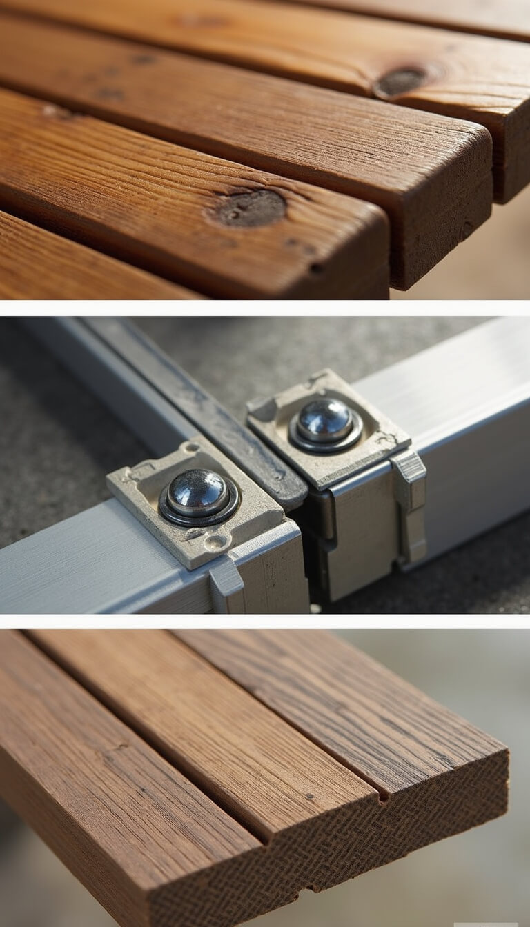 Close-up detail shots of gazebo materials including aged cedar grain, weatherproof aluminum joints, and scratch-resistant composite decking, captured with macro lens under technical lighting.