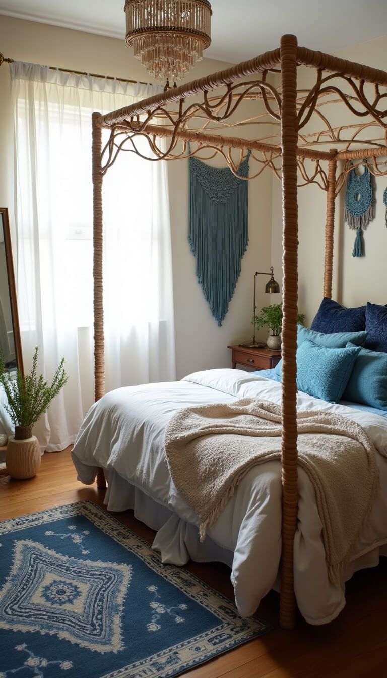 Sunlit teenage bedroom with rattan canopy bed, indigo and cream linens, velvet pillows, macramé wall art, vintage brass mirror, and natural wood floor with a faded navy Moroccan rug.