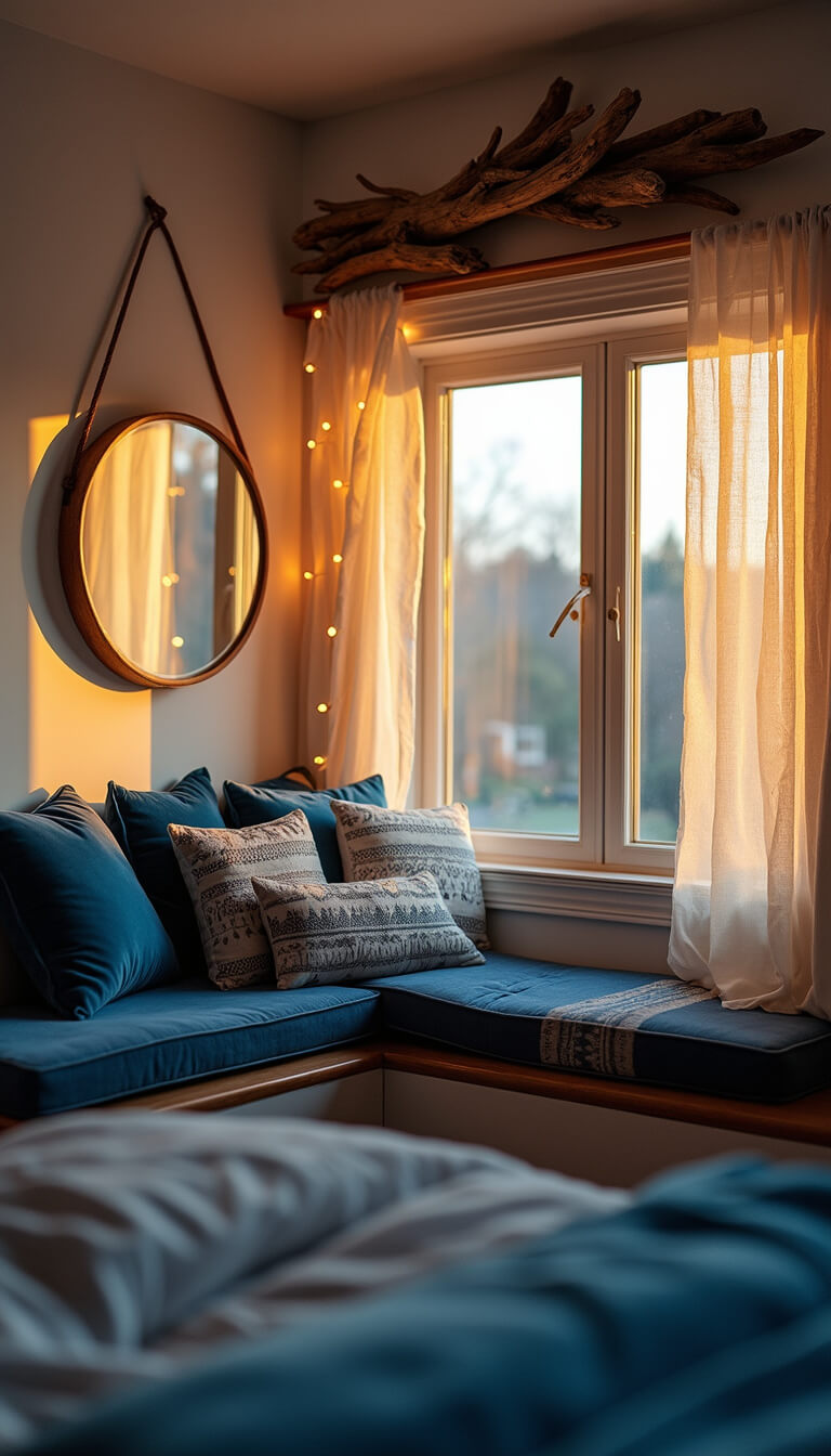 Cozy bedroom nook at dusk with golden light, blue velvet cushions, tribal pillows, fairy lights, and a large mirror reflecting warm glow.