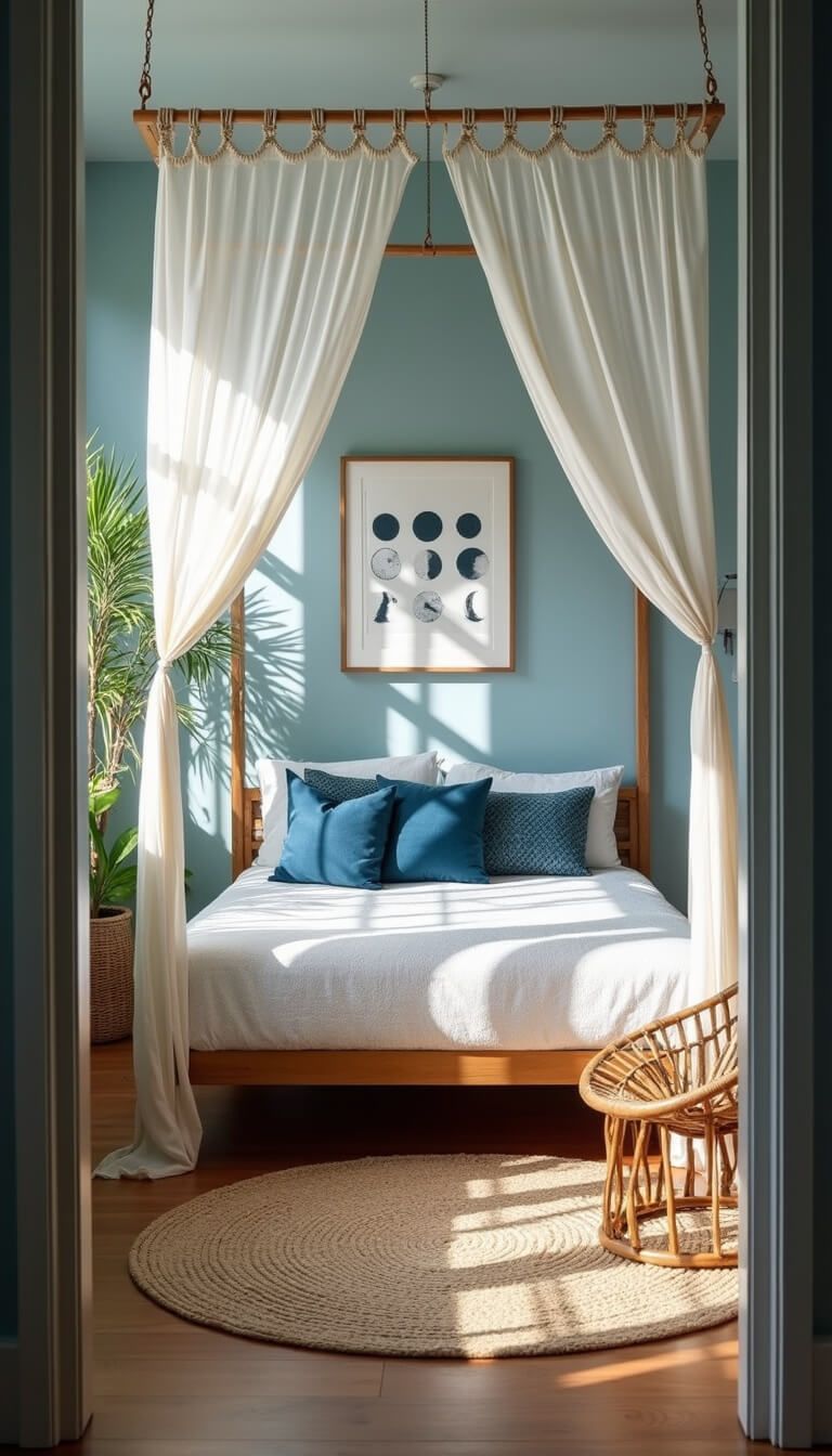 Bohemian teen bedroom with macramé curtains, canopy bed, moon phase art, and rattan furniture in afternoon sunlight.