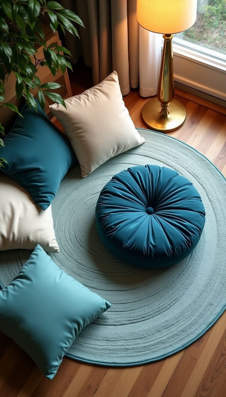Overhead view of a cozy reading corner with a navy cushion on a blue mandala rug, surrounded by turquoise and cream pillows, brass lamps, and trailing plants in warm golden hour light.