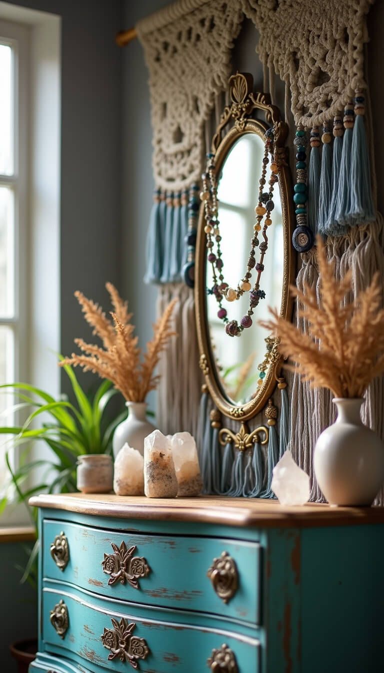 Bohemian vanity with turquoise vintage dresser, crystal vessels, dried flowers, and indigo-silver wall hanging in soft morning light.