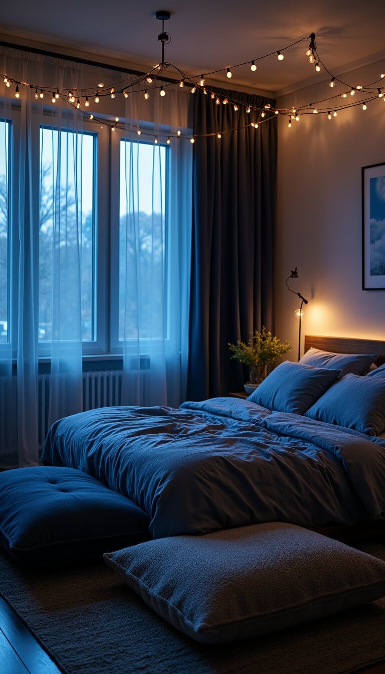 Twilight bedroom with string lights over a low platform bed in rumpled stormy blue linens, moonlight filtering through sheer curtains, and textured floor cushions scattered on the floor.