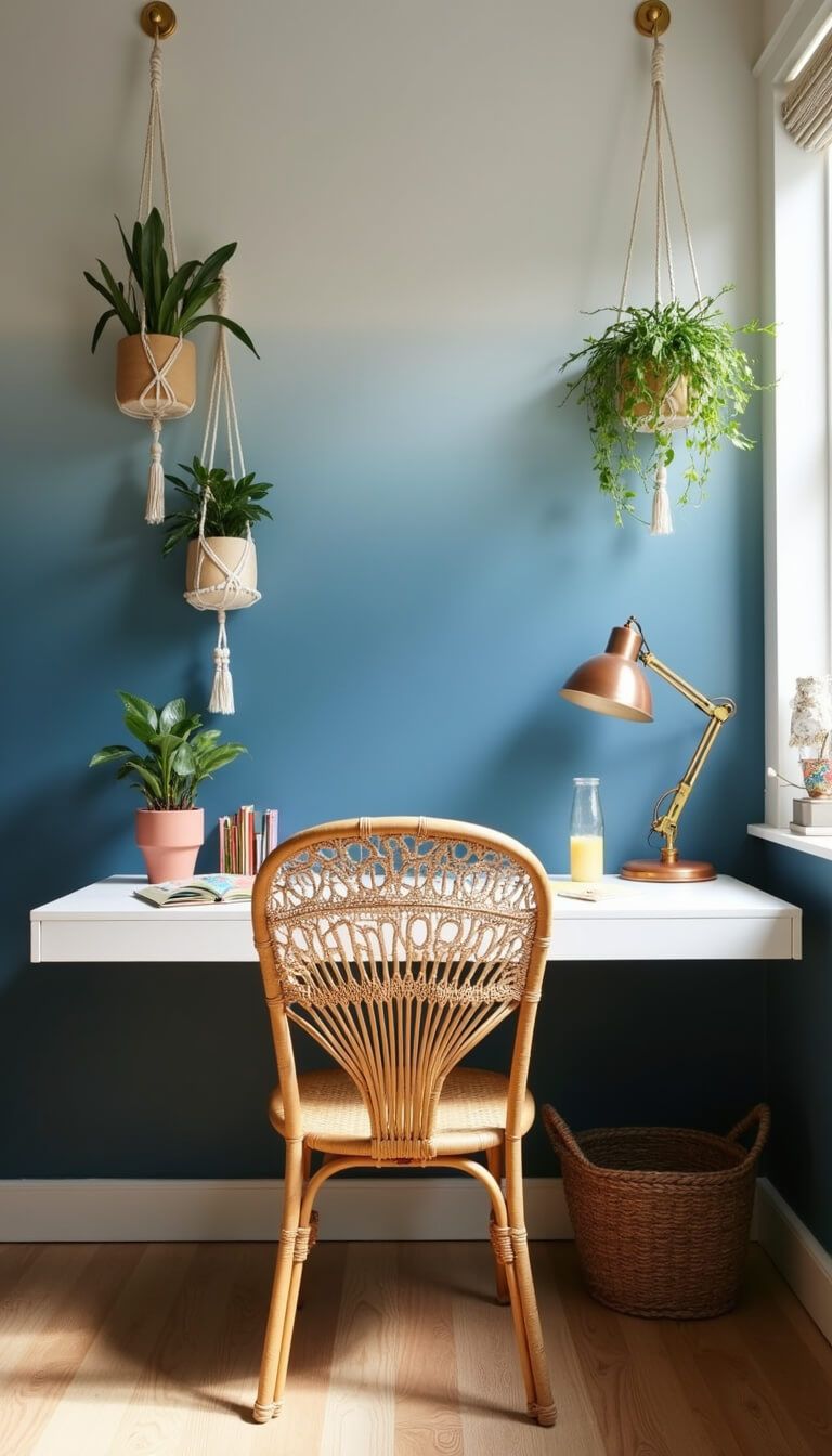 Teen workspace with vintage rattan peacock chair at floating desk, ombré blue wall backdrop, macramé plant hangers, and brass task lighting in morning split light.
