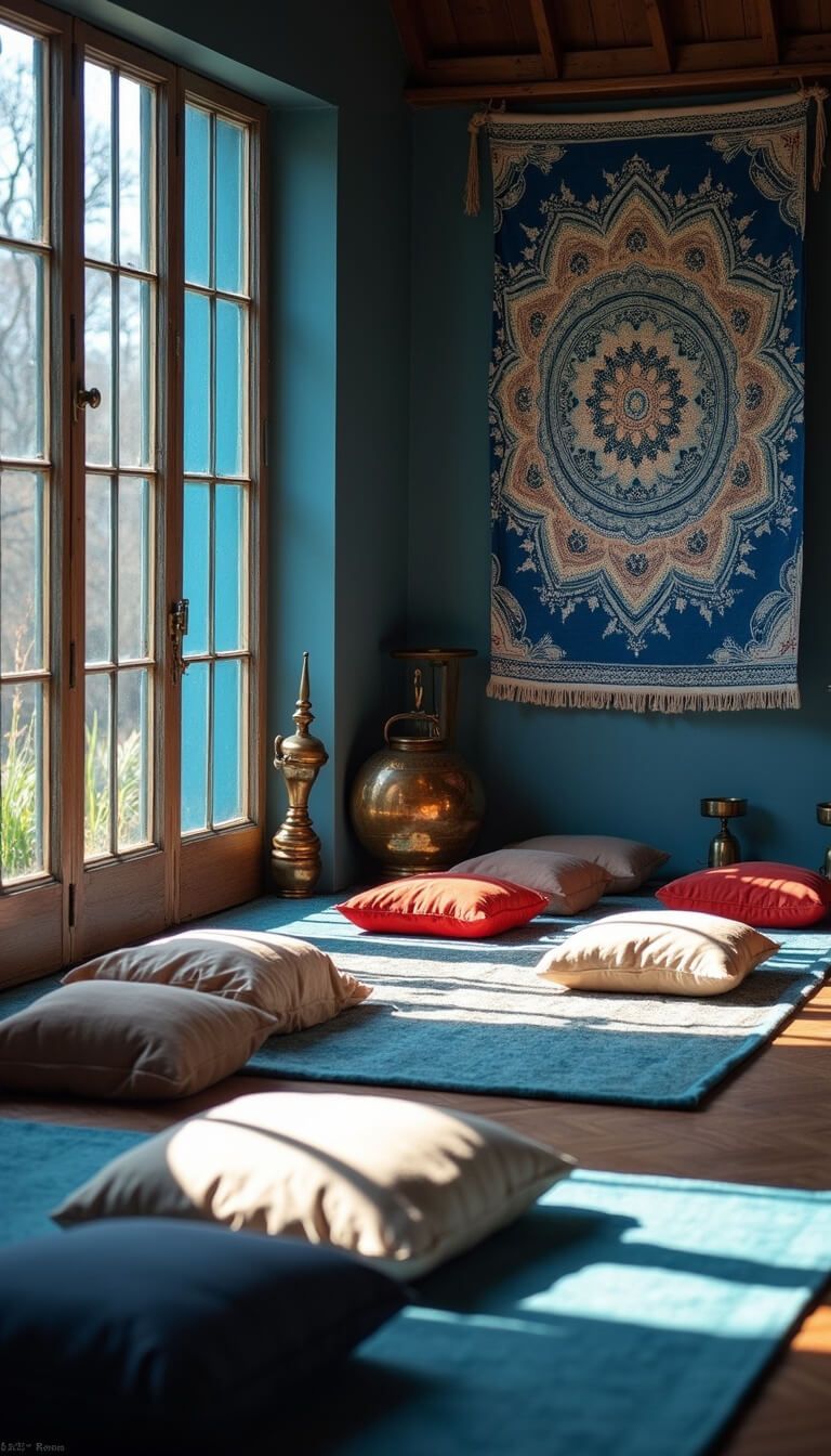 Floor-level view of a serene meditation space with colorful cushions, blue light through stained glass, and an indigo mandala tapestry on the wall.