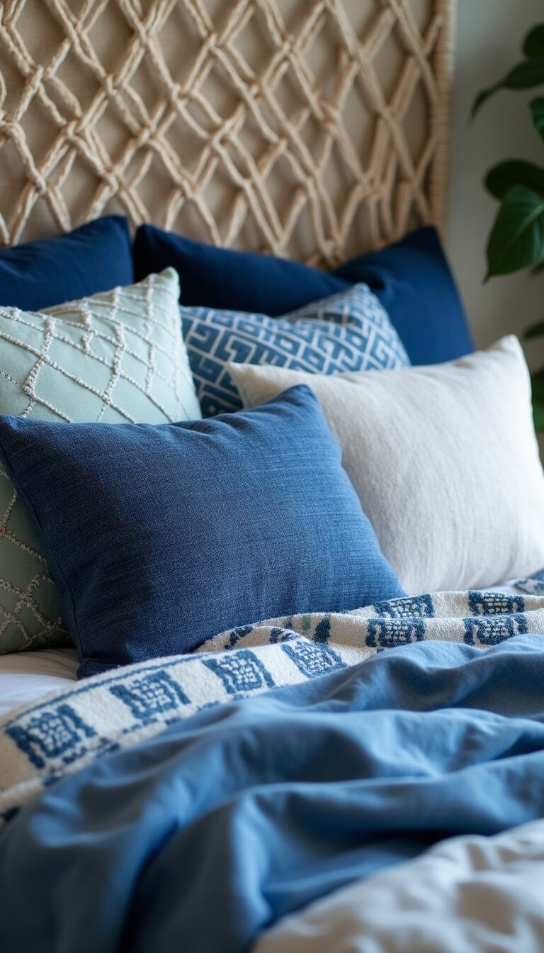Stylish bed with layered blue bedding, vintage and modern pillows, and a macramé headboard, lit by soft morning light.
