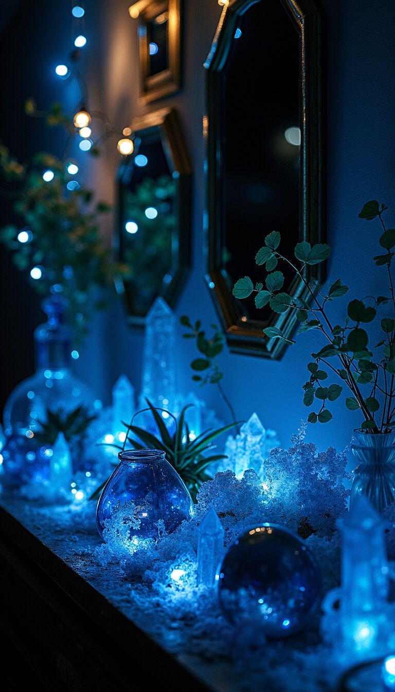 Nighttime scene of crystal and plant display with blue glass terrariums, silver dollar eucalyptus, fairy lights, and mirrors reflecting moody shadows.