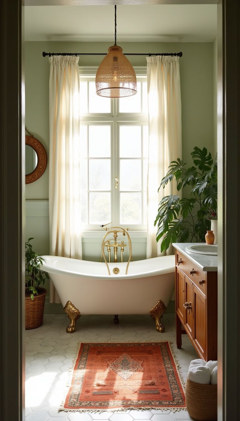 Serene sunlit bathroom with clawfoot tub, brass fixtures, oak vanity, vintage rugs, and lush green plants.