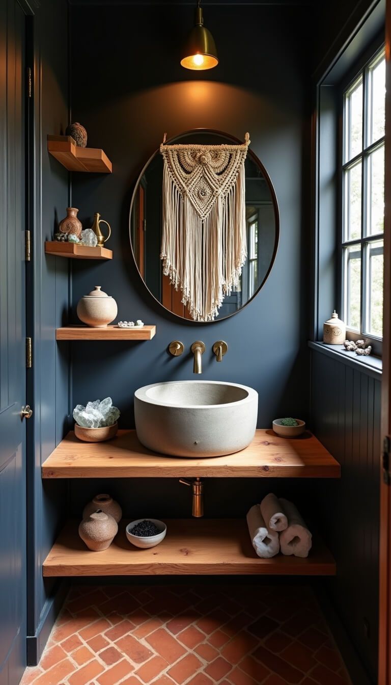 Intimate 6x8ft powder room with dark navy walls, cedar shelves holding ceramics and crystals, macramé hanging behind brass mirror, Moroccan pendant casting shadows, copper faucet, concrete sink, and terracotta herringbone floor tiles.
