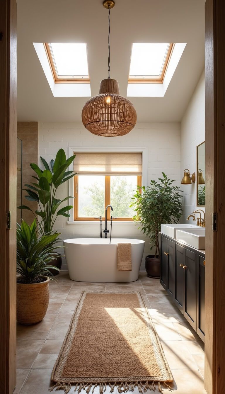 Spa-like 10x12ft master bathroom at golden hour with freestanding tub, leafy plants, geometric earth-tone tile floor, black double vanity, and soft natural lighting.