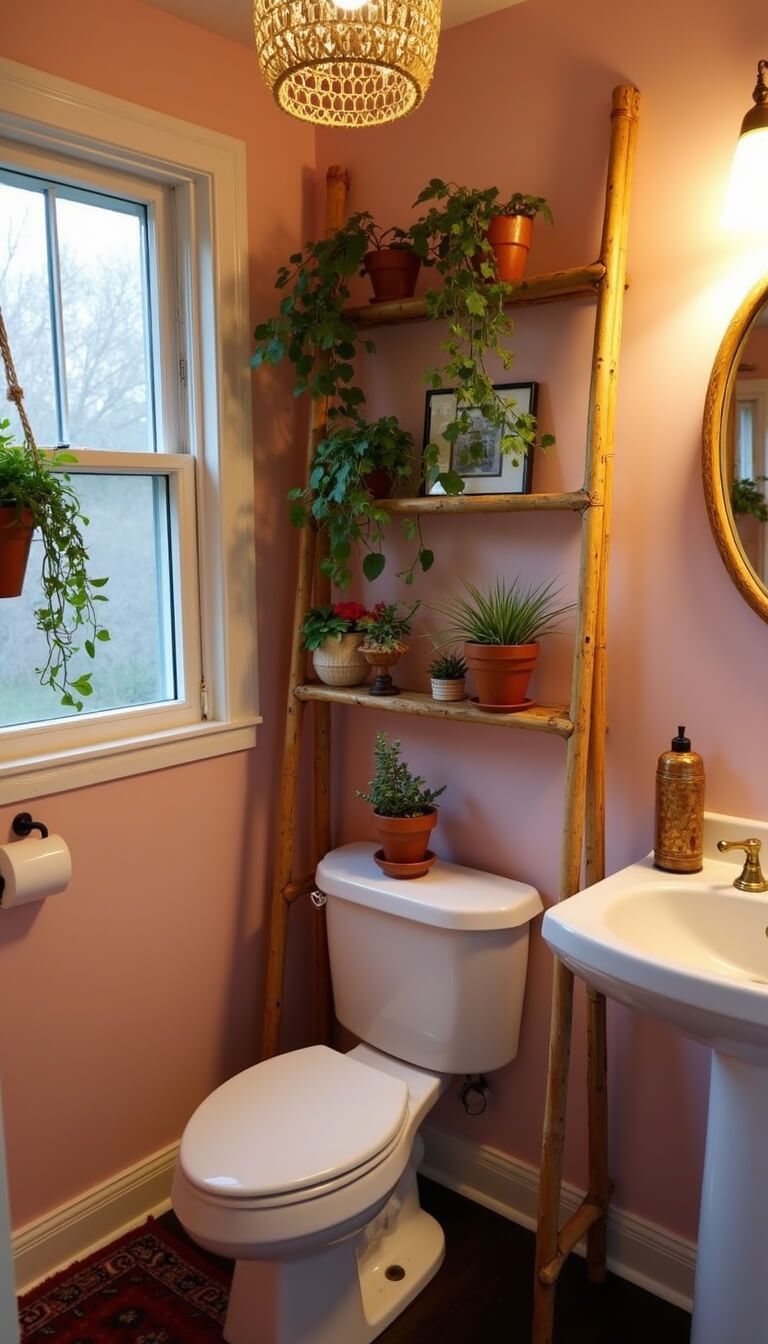 Cozy 5x7ft guest bathroom with blush pink walls, bamboo ladder shelf, vintage Persian rug, terracotta pots with trailing plants, white vanity with brass hardware, woven pendant light, macramé plant hanger, and soft dusk lighting.