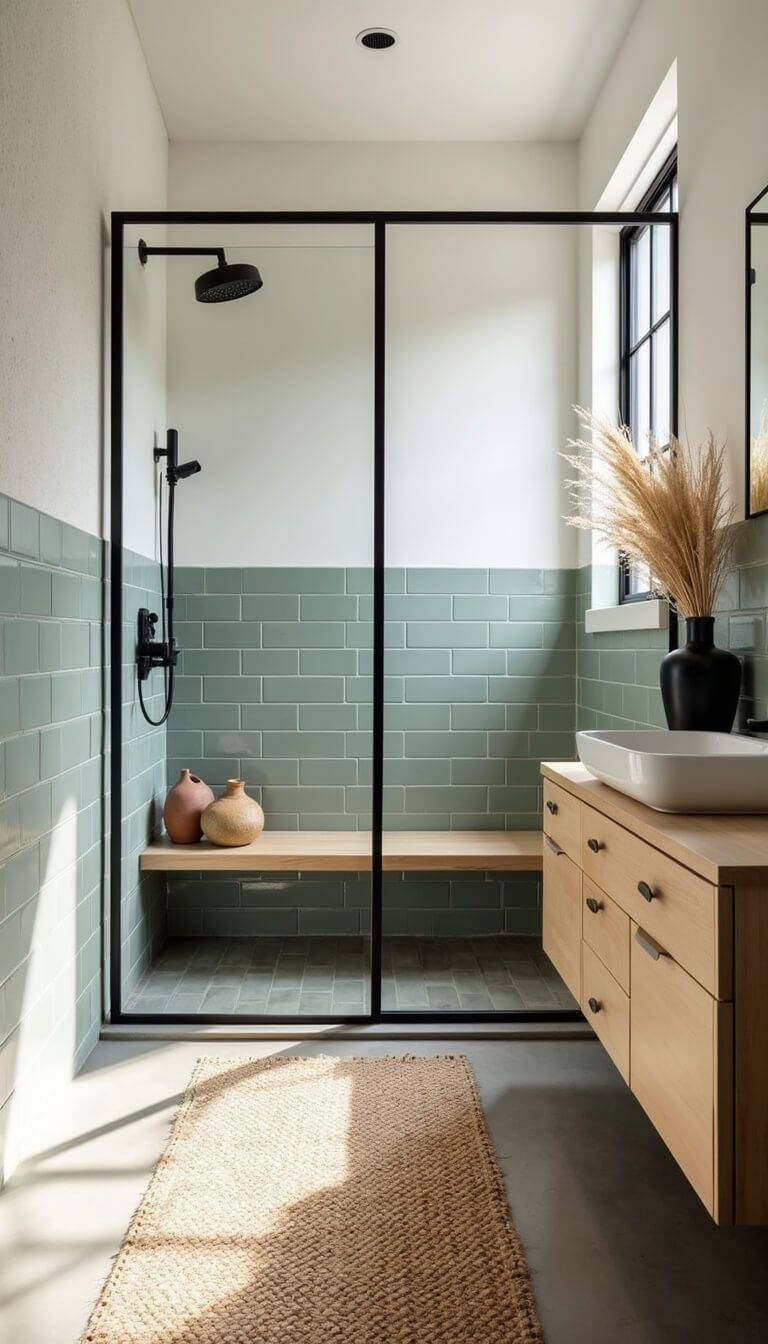 Modern sage green and white bathroom with black-framed shower, wooden bench, oak vanity, matte black fixtures, jute rug, and pampas grass decor in natural morning light.
