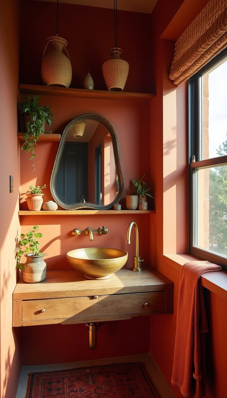 Warm terracotta bathroom with vintage brass mirror, reclaimed wood shelves displaying global ceramics, handwoven basket pendant lights, natural fiber window shade, and overdyed rug, captured at vanity height with dramatic side lighting.