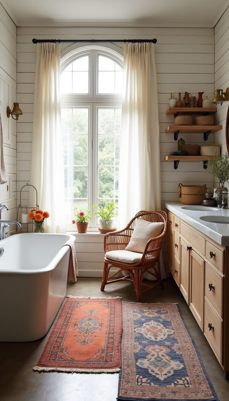 Sunlit 8x10ft bathroom with white shiplap walls, earth-tone cement tiles, rattan peacock chair, freestanding tub, vintage rugs, arched window with sheer linen, brass sconces, and floating shelves with baskets and pottery.