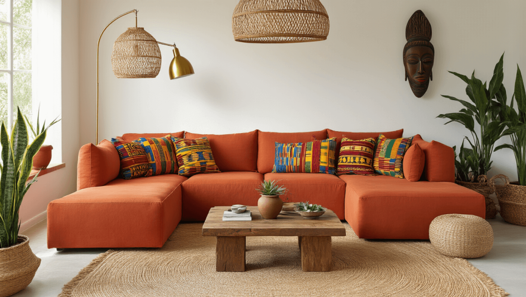 "Afrohemian living room with a terracotta sectional sofa, Kente cloth pillows, brass accents, African wall masks, and snake plants on a clean white background."