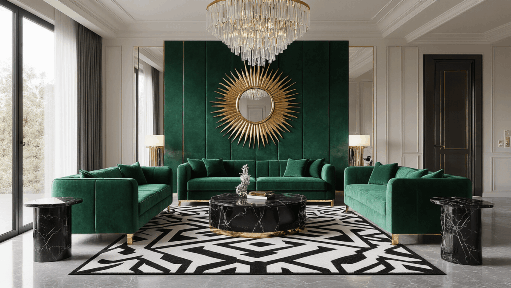 "Art deco modern living room featuring emerald velvet sofa, black marble with gold accents, geometric patterns on rug, sunlit floor-to-ceiling windows, and sophisticated crystal chandelier"